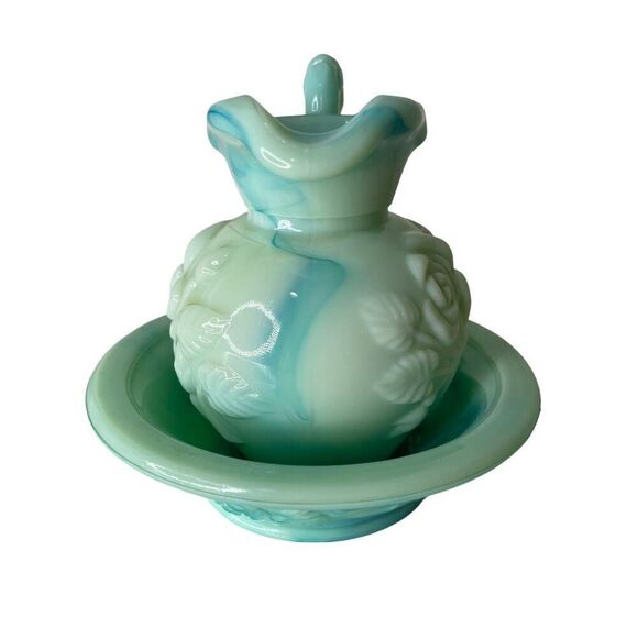 Vintage Avon Jade Marble Milk Glass Pitcher Mini Bowl Rose Victorian Blue - Picture 11 of 16